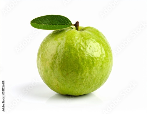 A single ripe green guava with a leaf attached to its stem, cleanly isolated on white