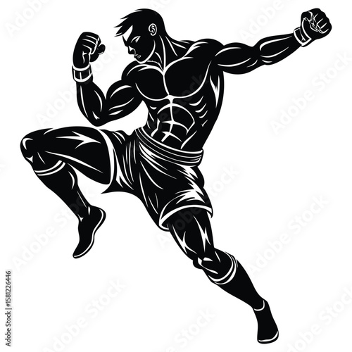 Muscular male fighter performing a knee strike in dynamic silhouette