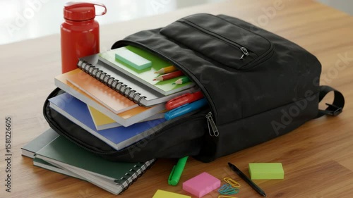 Wallpaper Mural School backpack unzipped with notebooks and supplies spilling out   Torontodigital.ca