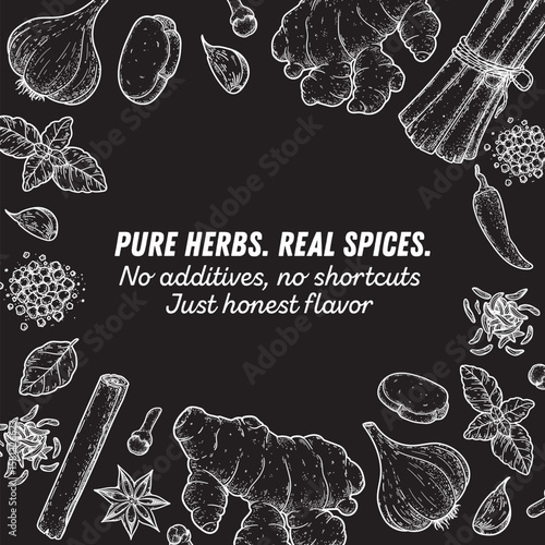 Asian herbs and spices hand drawn vector illustration. Aromatic plants. Hand drawn food sketch. Vintage illustration. Card design. Sketch style. Spice and herbs black and white design.