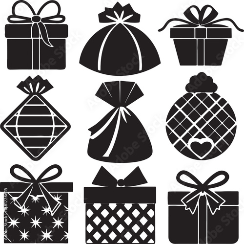 Silhouette Vector Set of Gift Boxes and Presents with Bows and Ribbons

