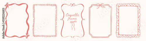 Whimsical frame border with vintage bow, ribbon, hand drawn doodle line and French coquette charm, perfect for wedding cards, feminine packaging, party invites or elegant decor.
