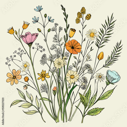 Wild Flowers Line Drawing Style