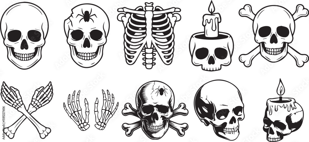 Fototapeta premium Set of detailed black and white skulls with different variations for tattoo designs