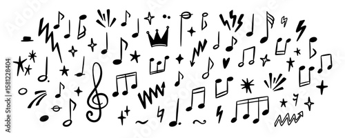 Musical hand drawn background. Music notes line doodle set. Whimsical playful crayon scribbles.  Punk rock handwriting graphic grunge design. Graffiti drawing. Classic melody, piano concert poster