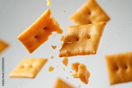Crispy, golden-brown crackers in mid-air, some broken apart