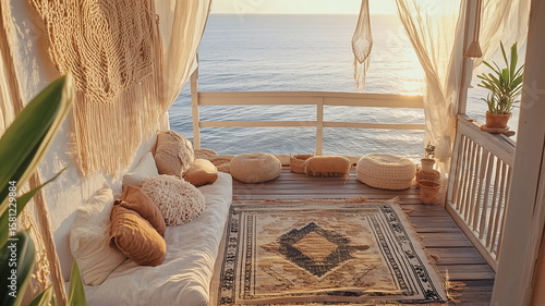 Boho Balcony Overlooking Ocean at Sunset – Cosy Coastal Vibes