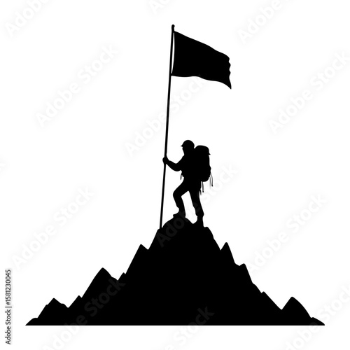 Mountain Climber with Flag on Peak Silhouette Vector