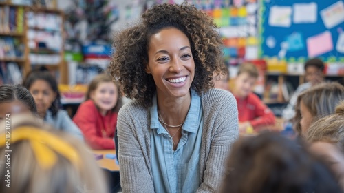 Wallpaper Mural Cheerful educator engaging with a diverse group of students in a classroom setting, fostering a positive and collaborative learning environment with smiles and open discussions. Torontodigital.ca