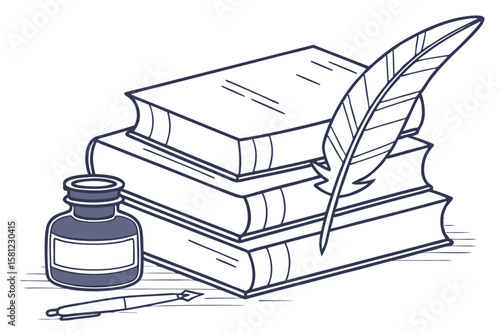 Book Stack Illustration with Ink and Quill Pen in Minimalist Style