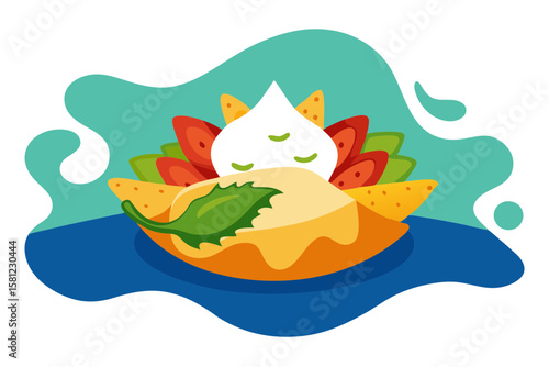 Cheesy Nachos with Jalapeños and Sour Cream in Festive Mexican Style