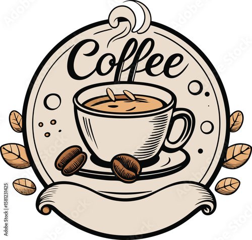 Vintage style coffee cup with beans and banner isolated on white background