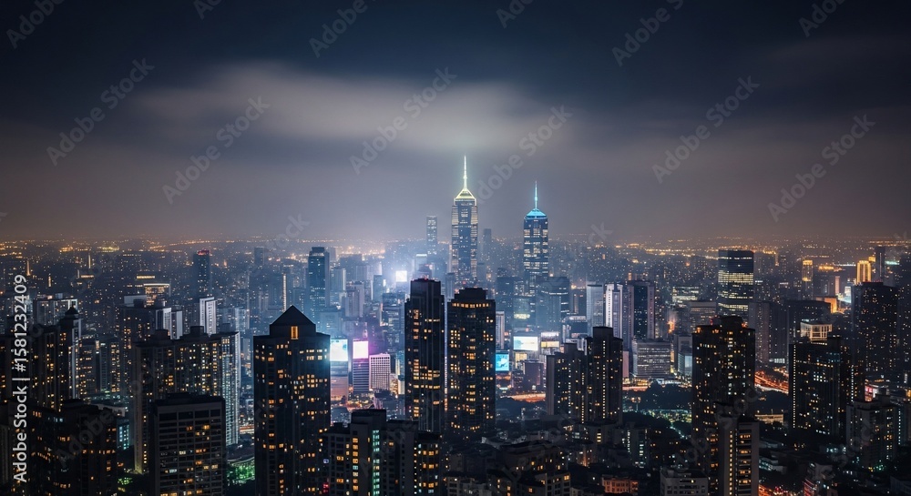 Obraz premium Shanghai's Dazzling Skyline: Skyscrapers Illuminated Under a Misty Night Sky