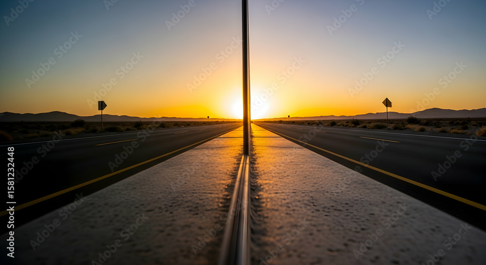 Fototapeta premium Dramatic Sunset Reflection on a Vehicle's Roof during a Road Trip across the Desert
