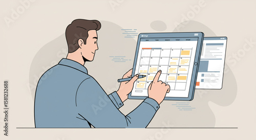 Businessman managing his work schedule on a digital calendar. Professional using a tablet and stylus for time management and event planning.