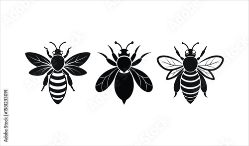Three stylized black bee silhouettes with detailed wings and segmented bodies on white background
