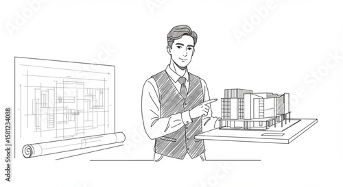 Professional architect presenting a building design project with a scale model and construction blueprint. Hand-drawn illustration.