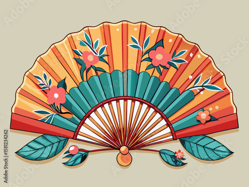 vector of A delicate folding fan mockup with a beautiful Japanese design on a pastel background.