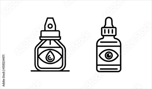 Two simple line art icons of eye drop bottles with an eye symbol