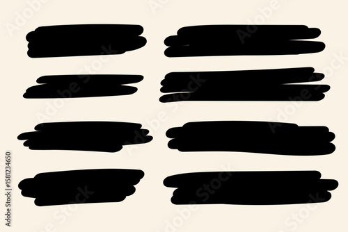 Black bold marker strokes and highlights. Hand-drawn highlighter set for underlining, emphasis, and modern graphic compositions.