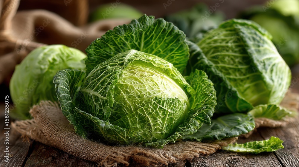 Fototapeta premium Cabbage heads with vibrant green leaves are arranged on a burlap cloth atop a wooden table. Soft lighting enhances their freshness, showcasing natural textures.