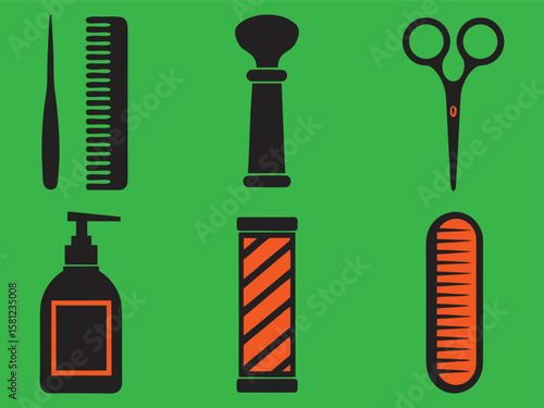 Classic Barber Shop Tools and Accessories Vector Illustration on Green Background