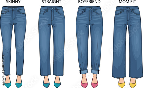 Minimalist Jeans Fit Variations: Skinny, Straight, Boyfriend, and Mom Fit, Fashion Illustration, Casual Wear Concept