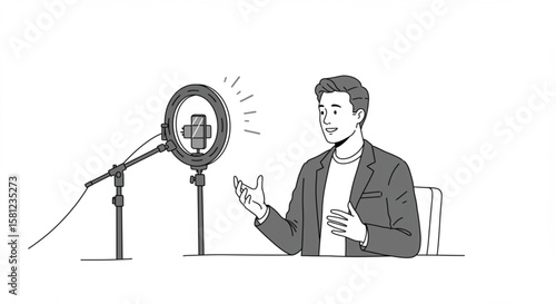 Line drawing of a content creator speaking during a live stream. Man recording a video podcast or webinar with a smartphone and ring light.
