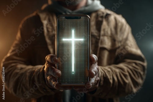 Faith meets tech: glowing cross on a smartphone screen. Faith journey. The path to faith: beyond knowing to believing in jesus. Harmony with tech. Modern spirituality.