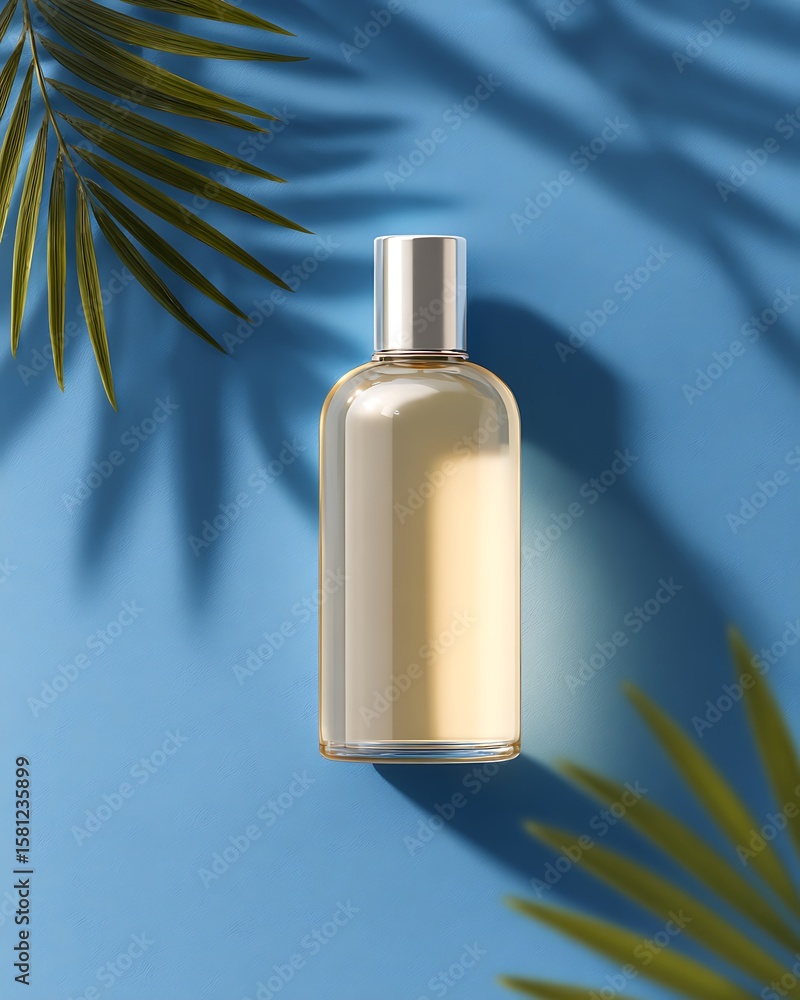 Fototapeta premium A perfume bottle sits on a blue surface with palm leaf shadows