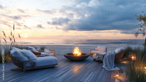 Beachside Outdoor Lounge with Firepit and Cozy Seating at Sunset
