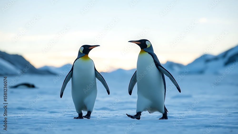 Fototapeta premium Two emperor penguins walking on a snowy landscape with mountains in the background at dusk or dawn