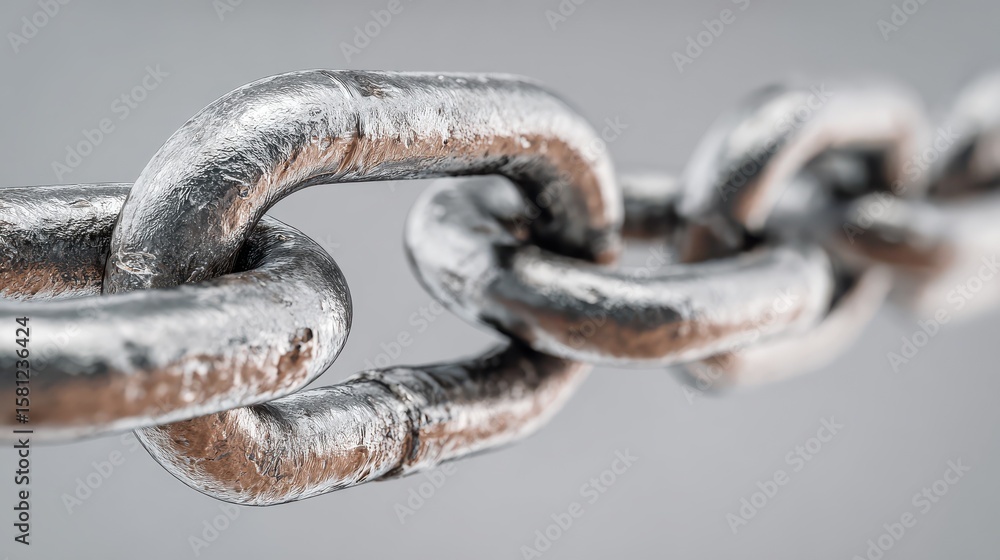 Fototapeta premium Close-up of metal chain links on neutral grey background. Focus on metallic hardware, portraying strength, connectivity, security. Industrial metal construction, technology and engineering concept.