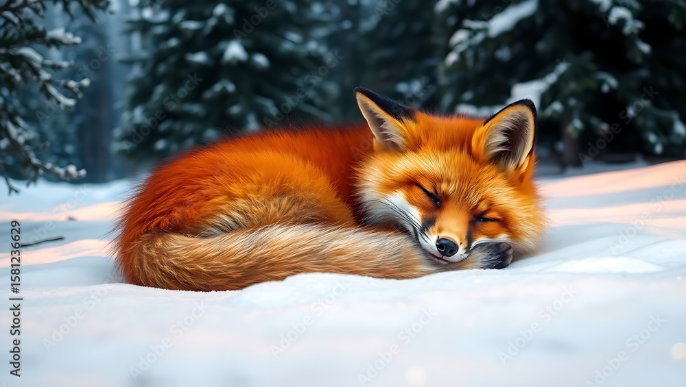 Fototapeta premium A red fox curled up asleep on a blanket of fresh white snow in a winter forest scene outdoors