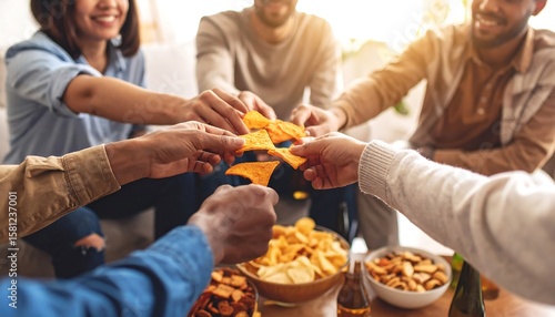 Diverse friends sharing snacks