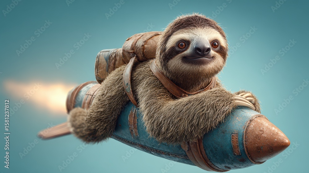 Fototapeta premium Cute sloth riding rocket studio shot , Fantasy funny animal concept .