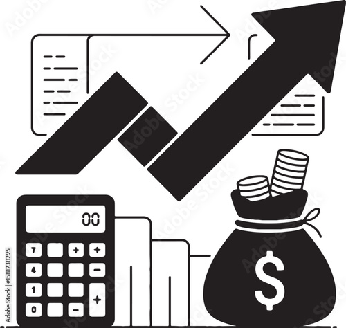 Black and white financial growth chart with calculator and money bag finance arrow