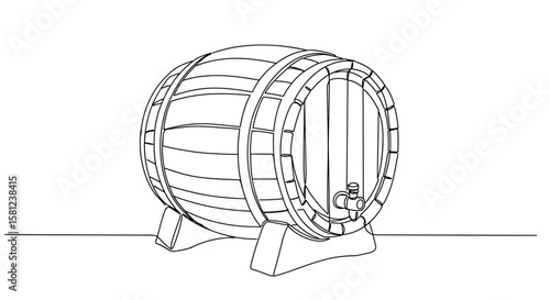 Black line drawing of old oak wine barrel on transparent background