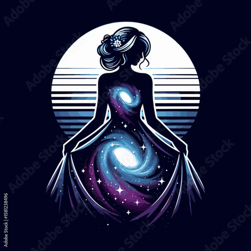 Elegant Virgo zodiac illustration with graceful woman in a swirling galaxies dress in serene cosmic colors for celestial purity and astrology-inspired visuals