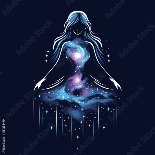 Fantasy Virgo illustration featuring divine feminine figure in a swirling galaxies dress in vibrant cosmic hues for mystical zodiac art and symbolic grace