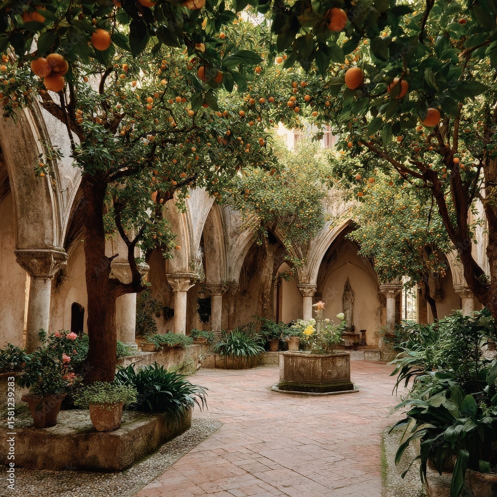 Fototapeta premium Serene courtyard with lush orange trees, aged stone architecture, and a calming atmosphere.