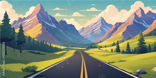 An empty asphalt highway winds through a scenic summer mountain landscape under a vast sky, inviting a journey