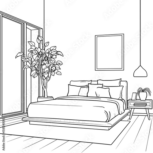 vector bedroom with bed black lines .Generative AI