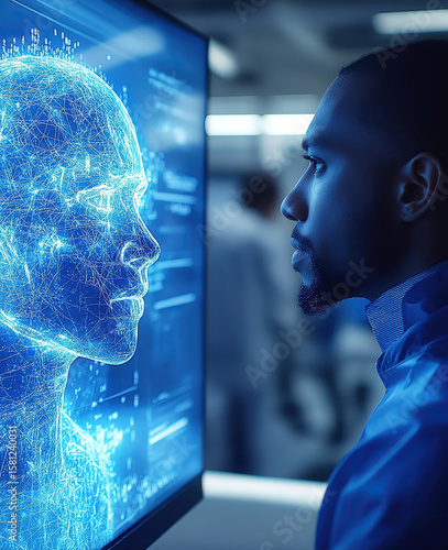 A doctor and hologram AI agent and assistant representing artificial intelligence as a virtual medical representative for customer service healthcare support and AGI singularity