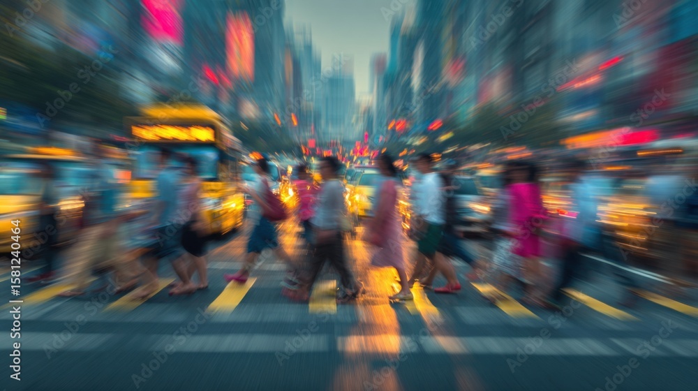 Fototapeta premium Crowds of people cross a vibrant city street as yellow taxis weave through traffic. Colorful signs illuminate the scene during the evening rush hour, creating a bustling atmosphere.