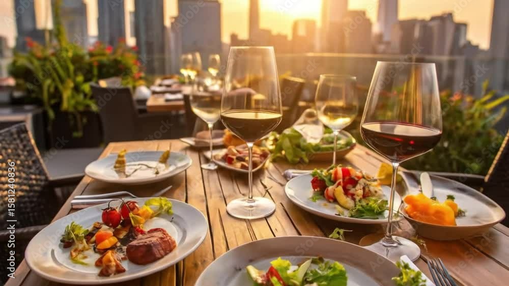 Outdoor dining sunset city view Outdoor dining sunset city view