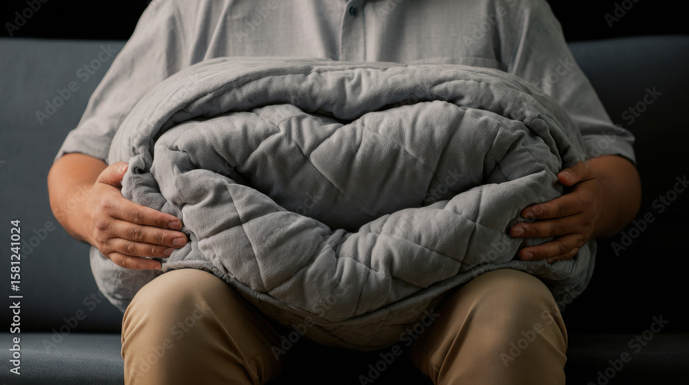 Wellness moment with organic weighted blanket, folds emphasize pressure therapy and mental stillness in dark calming bedroom setting Wellness moment with organic weighted blanket, folds emphasize pressure therapy and mental stillness in dark calming bedroom setting