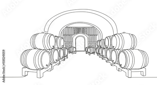 Wine cellar with barrels outlined in minimalist style on transparent background  