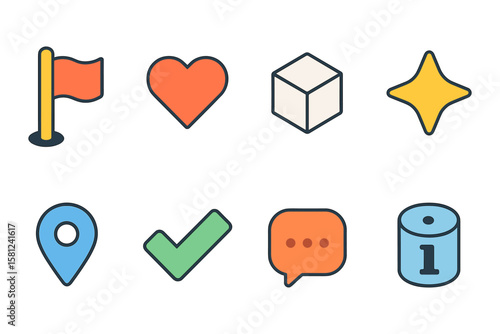 Colorful line icons set featuring heart, cube, star, and more