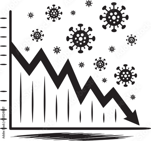 Black virus icons above downward trending graph coronavirus pandemic